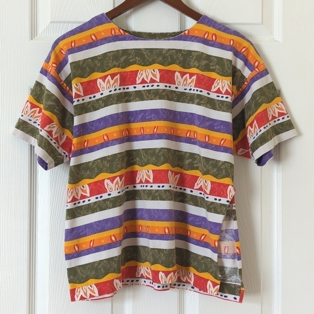 Liz Sport 90's Vintage Funky Striped Round Neck Side Slit Short Sleeve T-shirt M